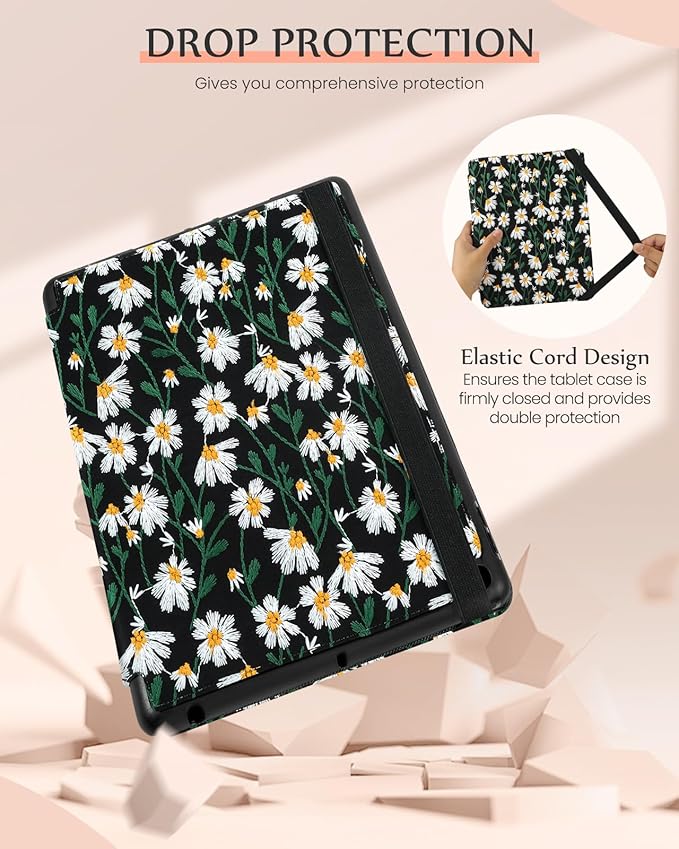 for iPad 9th/8th/7th Generation Case 10.2'' - Women Girls Cute Embroidered Folio Stand Cover with Pencil Holder &amp Card Slot Girly Black Daisy Floral Design Aesthetic Cases for iPad 7th/8th/9th