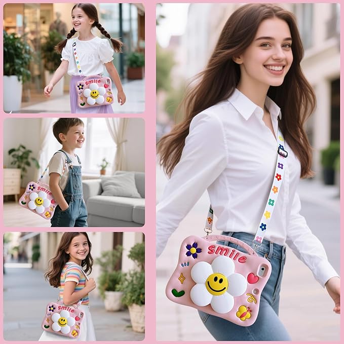 Case for iPad Air 11-inch M4 (2026) / M3 (2025) / M2 (2024) iPad Air 5th/4th 10.9 inch(2022/2020) Full-Body Shockproof Kids Case for Pencil Holder &amp Adjustable Shoulder Strap Smiley Flower