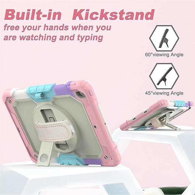 Ambison Case for iPad 9th/8th/7th Generation 10.2'' 2021/2020/2019 [Kid Proof] Full Body Protective Case with 9H Tempered Glass Screen Protector 360° Rotatable Kickstand &amp Hand Strap (Light Pink
