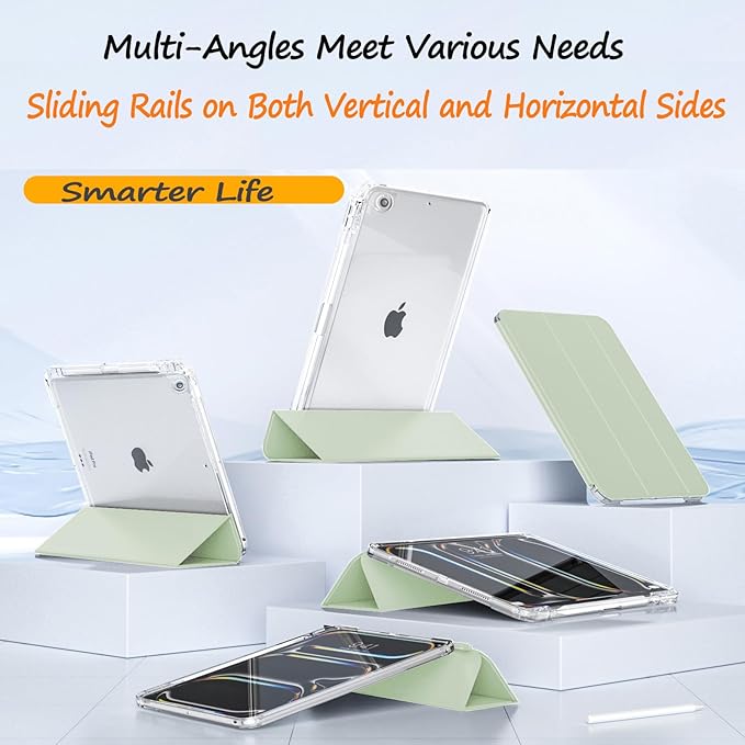 Slim Case For iPad 9th/8th/7th Generation 2021/2020/2019 (10.2 inch) Leather Case with Pencil Holder Slide Detachable Magnetic Trifold Stand Shockproof Protective Cute Clear Back Cover (Light Green)