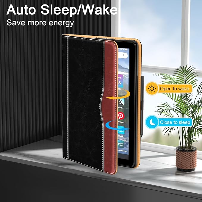 Grifobes Case [Only for 2024/2022/2020 Released 12th/10th Generation] Fire HD 8/8 Plus Premium PU Leather Folio Auto Wake/Sleep Cover with Hand Strap/Stylus Holder Black/Brown