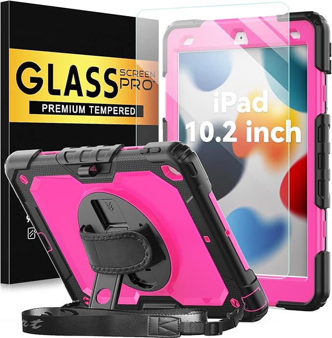 BLOSOMEET Case for iPad 9th Generation 2021 10.2 Inch with Tempered Glass Screen Protector &amp Pencil HolderProtective Kids iPad 7th/8th Gen Cover 2020 2019 w/Stand Hand Shoulder StrapRosered