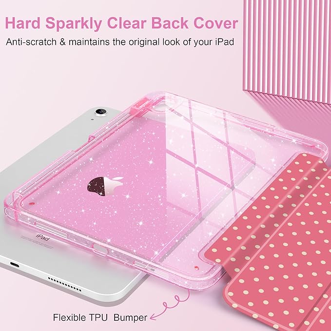 TWOLSKOO Sparkly Case for iPad Pro 11 inch (M5 2025 / M4 2024) Glitter Hard Acrylic Back with Pencil Holder Slim Trifold Stand Folio Cover Auto Sleep/Wake Rose Polka Dot