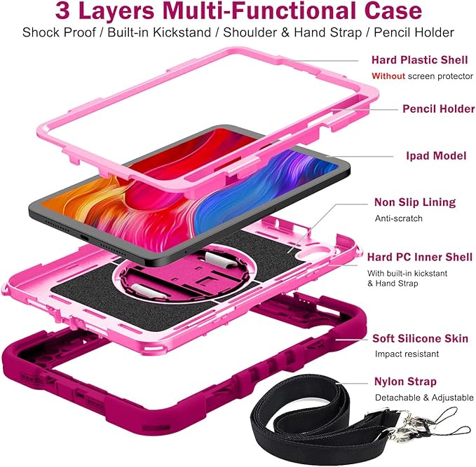 Shockproof Case for iPad mini 2024 (A17 Pro) iPad mini 6 2021 Cover with Shoulder Strap Techcircle Heavy Duty Rotating Kickstand Hand Strap Rugged Protective Case w/Pencil Holder Rose+Pink