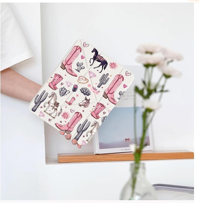 Cute Western Cowgirl for iPad Air 11 Inch Case 7th/6th Generation (M3/M2) 2025/2024 with Pencil Holder Auto Sleep/Wake White Leather Acrylic Back Detachable Cover