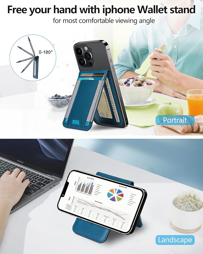 ExtreLife 2-in-1 Magsafe Wallet Open ID Window Magnetic Wallet for iPhone 17/16/15/14 Pro Max/14 Pro/14/14 Plus/13/12 SeriesAdjustable Stand 9 Cards Holder Vegan Leather Blue