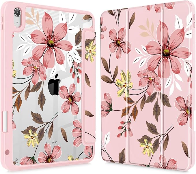 Mektron Case for 2026 iPad Air 13 inch M4 Cover Compatible 2025 iPad Air 13 inch M3 2024 iPad Air 13 inch M2 with Pencil Holder Shockproof Clear Shell Floral C293