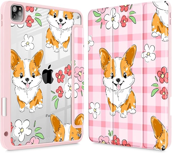 May Chen for iPad Pro 11 inch M2 4th Generation 2022 iPad Pro 11 3rd/2nd/1st Gen Built-in Pencil Holder with Shockproof Cover Clear Transparent Back Shell Auto Wake/Sleep Corgi Dog Stripes