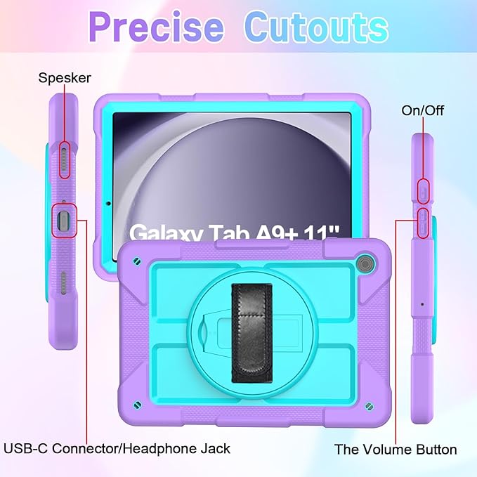 AVAWO Case for Samsung Galaxy A9+ Plus 11 inch 2023 with 360° Swivel Handle Strap Cover with Lanyard Teal+Purple