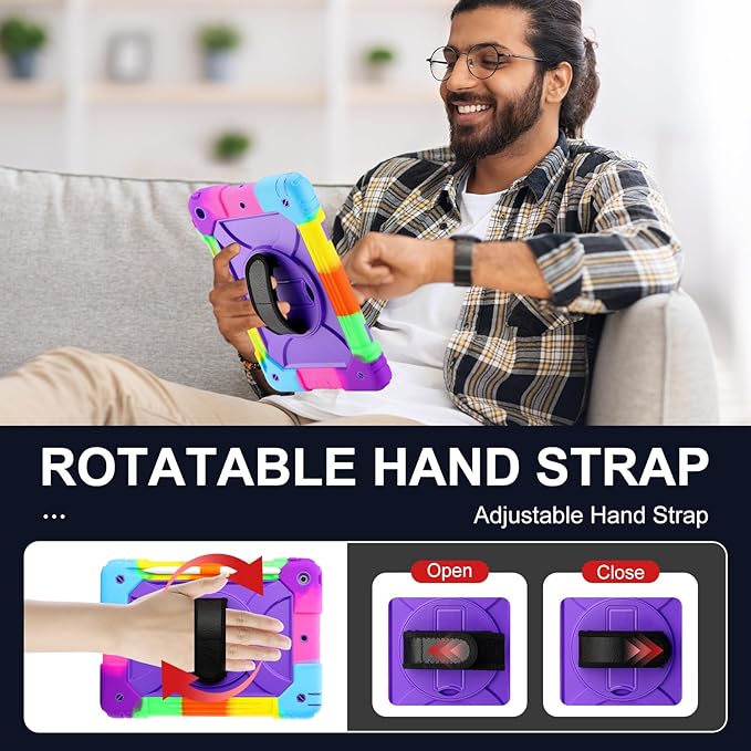 for iPad 9th/8th/7th Generation CaseiPad 10.2 Case 2021/2020/2019 with Cute Key Chain Rugged Protective Case with 360°Rotating Stand &amp Shoulder Hand Strap &amp Pen Slot for 10.2 Inch (Rainbow
