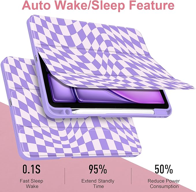 TWOLSKOO Case for iPad Air 11-inch (M4 2026 / M3 2025 / M2 2024) Clear Acrylic Back with TPU Bumper Pencil Holder Trifold Stand Auto Sleep/Wake Purple Wavy Checker
