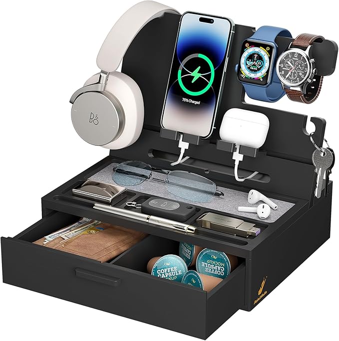 Pezin &amp Hulin Wooden Charging Station Bedside Nightstand Tray with Spacious Drawer Felt Pads for Phones Watch Idea Gifts for Him Birthday Son Christmas for Papa Fathers Day