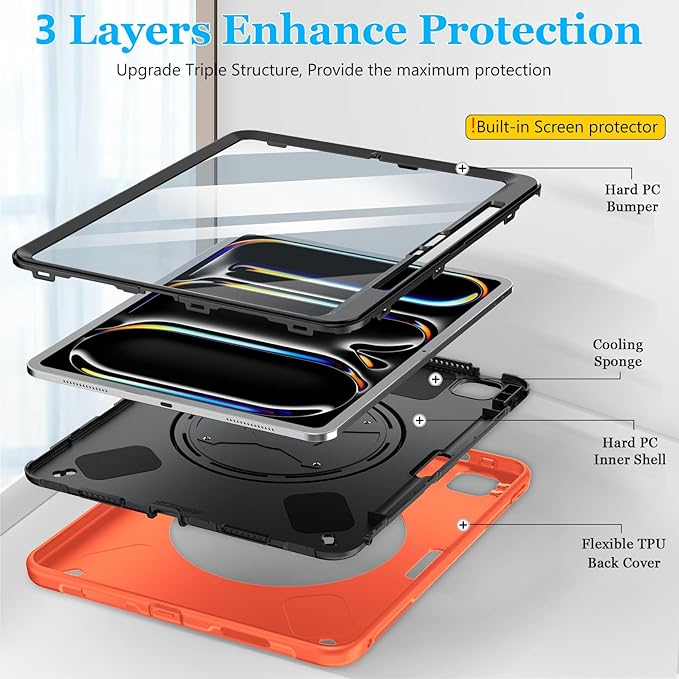 Case for iPad Pro 13 Inch M5 2025/ M4 2024: Military Grade Cover for iPad Pro 13 with Screen Protector - Stand - Handle - Shoulder Strap - Pencil Holder- Orange