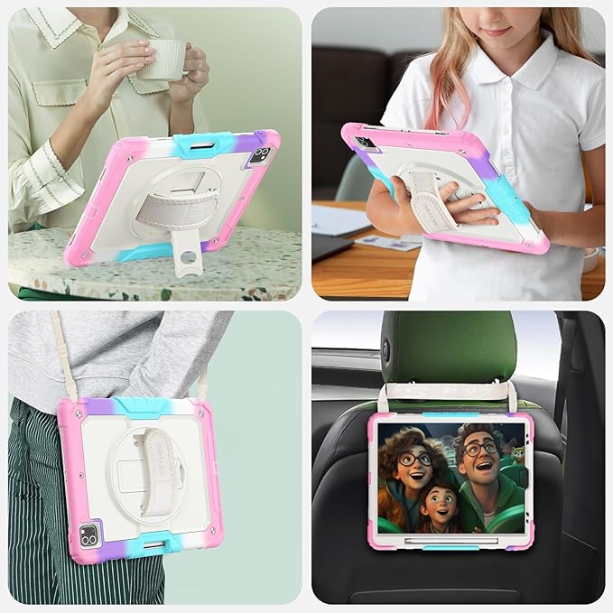 SEYMAC Case for iPad Pro 12.9 2022/2021/ 2020/2018 Heavy Duty Protection Shockproof Case with Screen Protector 360° Rotating Stand/Handle/Shoulder Strap Supports Pencil 2 Charging Colorful Pink