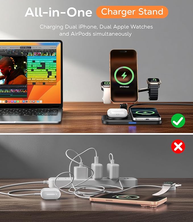 45W 5 in 1 Magnetic Charging Station for Apple Multiple Devices Dual Phone &amp Apple Watch Charger Stand Fast Wireless Charger for MagSafe Charger for iPhone 17-12 Series for Apple Watch &amp Ai
