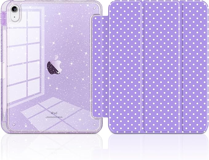 MEEgoodo Case for iPad A16 11th Generation 2025/10th Generation 2022 Glitter Tablet Cases with Transparent Acrylic Back+Trifold Stand +Pencil Holder+Auto Wake/SleepPurple &amp Polka Dots