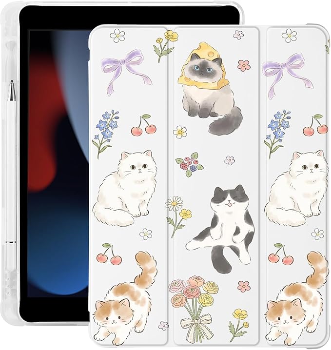 Cue Kawaii Kitten Cat Flower for iPad Air 13 Inch Case M3 2025/M2 2024 with Pencil Holder Auto Sleep/Wake White Leather Soft TPU Back Cover