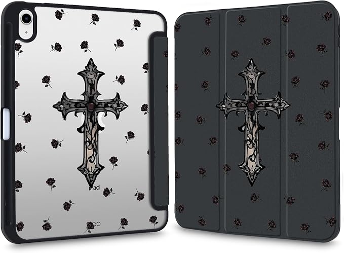 Y2k Printed Case for iPad Air 13 (M3) 2025/ (M2) 2024 Gothic Dark Rose Cross Clear Hard Back Hybrid Casewith Pencil Holder Trifold Stand Slim Tablet Cover for Girls Women