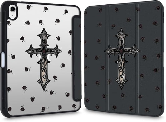 Y2k Printed Case for iPad Air 13 (M3) 2025/ (M2) 2024 Gothic Dark Rose Cross Clear Hard Back Hybrid Casewith Pencil Holder Trifold Stand Slim Tablet Cover for Girls Women