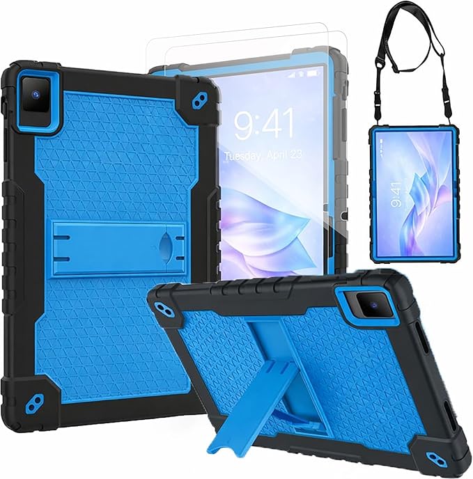 for TCL TAB 10 NXTPAPER 5G 10.4 Inch Tablet case Hybrid Shockproof Silicone Gel Protective Cover with Kickstand for TCL TAB 10 NXTPAPER 5G 10.4 Inch 2025 (9199S) (Black/Blue+2 PCS Glass)