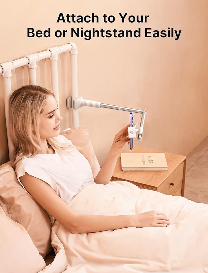 JSAUX Phone Holder for Desk and Bed Compatible with iPhone 16 15 14 13 12 Overhead Phone Mount Gooseneck Phone Stand Flexible 360 Lazy Long Arm Clamp Clip for Table Bedside [1-Pack White]