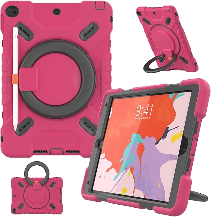 PEPKOO Triple Shockproof Case for iPad 9th/8th/7th Generation 10.2 inch 2021/2020/2019 Air 3rd Generation 10.5 inch Heavy Duty Cover with Pencil Holder Handle Kickstand Shoulder Strap Pink