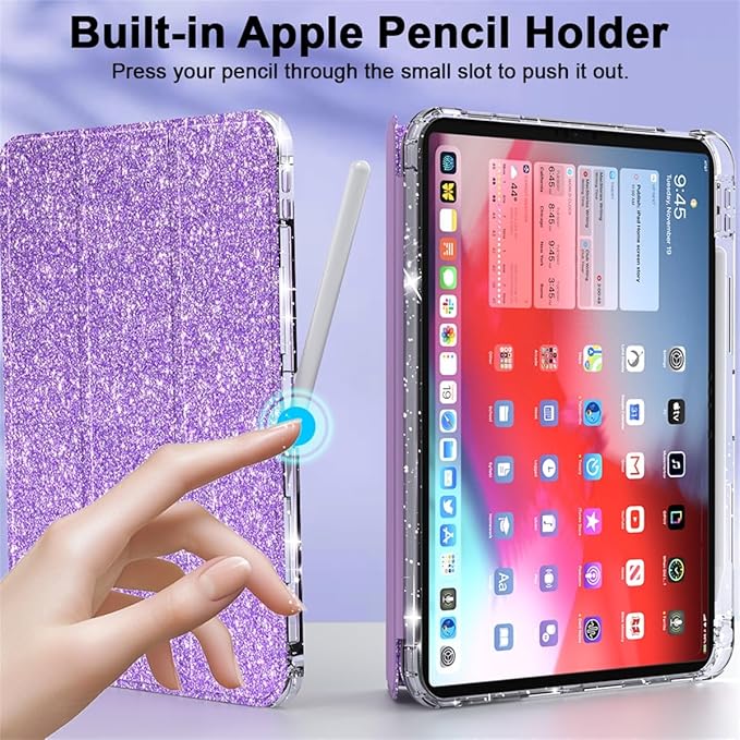 Case for iPad (A16) 11th Generation 11 inch 2025 &amp iPad 10th Generation 10.9 inch 2022 with Stand/Pencil Holder [Auto Wake/Sleep] Glitter Bling PU Leather &amp Clear Soft TPU Back Shell Purple