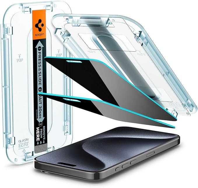 Spigen Tempered Glass Screen Protector [GlasTR EZ FIT - Privacy] Designed for iPhone 15 Pro [Case Friendly] - 2 Pack