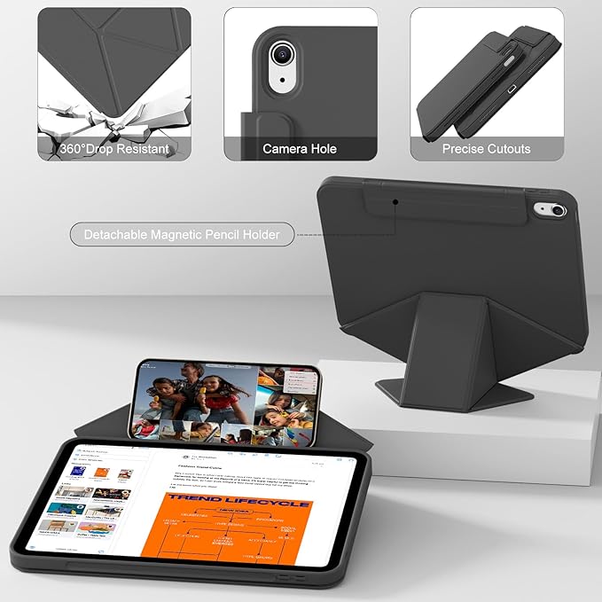 Case for iPad 11-Inch (A16) 11th Generation/ 10.9-Inch 10th Gen (2025/2022) with Pencil Holder Detachable Magnetic 360° Rotating Clear Protective Cover Portrait/Landscape Stand Black