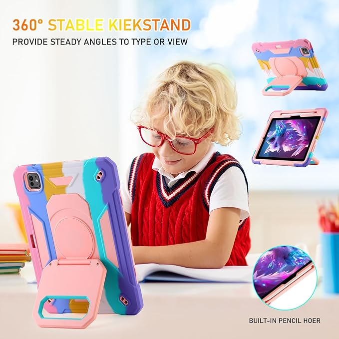 KCJ for iPad Pro 11 Case (M4) 2024with Tempered Glass Screen ProtectorCute Protective Case with Folding Stand/Pencil Holder/Shoulder Strap for iPad Pro 11 2024 (5th Generation) (Rainbow)