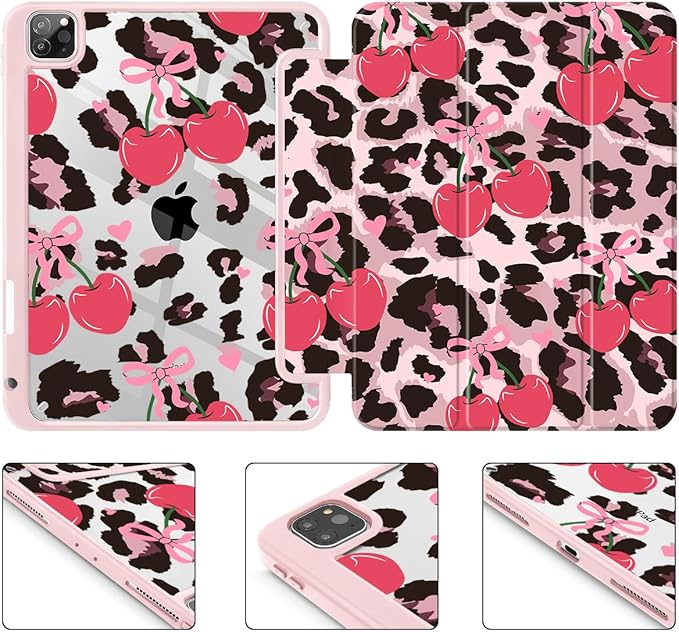 Mektron Case for iPad Pro 11 inch Case M2 2022 Generation 4th Fit 2021 2020 2018 iPad Pro 11 (3rd 2nd &amp 1st Gen) -Buit in Pencil Holder with Shockproof Cover Clear Shell Cherry &amp Cheetah