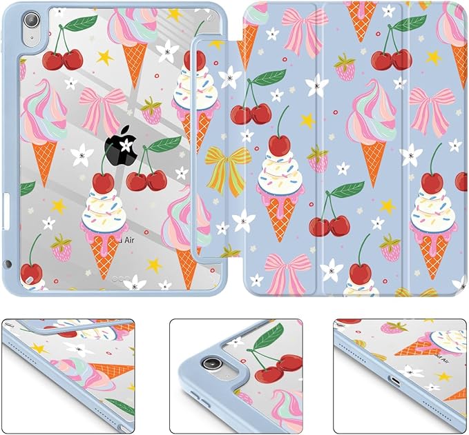 Case for iPad Air 11'' (M4 2026/M3 2025/M2 2024)/ iPad Air 10.9'' Air 5th /4th Gen Shockproof Cover with Clear Back Shell &amp Penceil Holder Auto Wake/Sleep Stand Cover Ice Cream-Bows-Blue