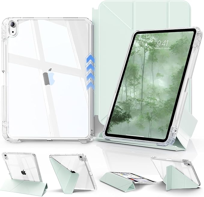 JKSML Case for iPad (A16) 11th/10th Gen with 8+ Viewing Angles DIY Detachable Sliding Cover Fully Clear Hard Back Shell Solid Y-fold Stand Pencil Holder for iPad 10.9 (2022)/ 11 (2025)-Green-1