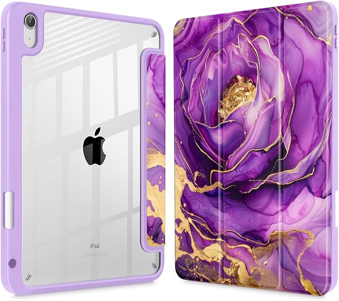 May Chen for iPad (A16) 11th Generation Case 11 Inch 2025 iPad 10th Gen Case 2022 10.9 inch Built-in Pencil Holder with Shockproof Cover Clear Transparent Back Shell Auto Wake/Sleep Purple Roses