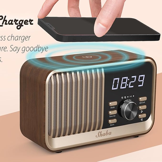 CENSHI Digital Alarm Clock with Wireless Charger Bluetooth Speaker RadioBuilt in Lithium Battery 4-5 H Playtime.