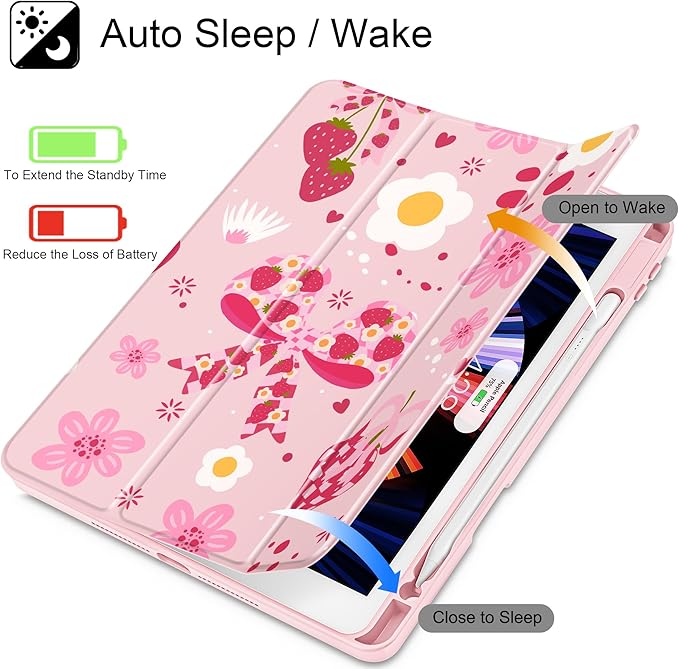 for iPad 9th Generation with Pencil Holder iPad 8th/7th Gen Case 10.2-inch [Built in Pencil Holder] Trifold Stand Auto Wake/Sleep Clear TPU Protection Back Cover Strawberry Bow