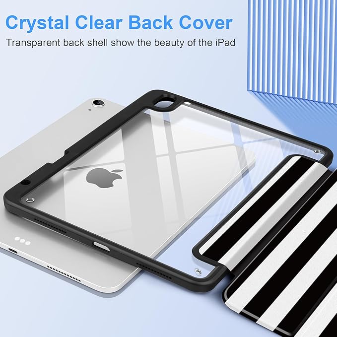 DONGKE Case for iPad Air 11-inch M4 2026 &amp M3 2025 &amp M2 2024 iPad Air 5th/4th Generation 10.9 2022/2020 [Built-in Pencil Holder] Clear Acrylic Back Trifold Stand Smart Cover Black Stripes