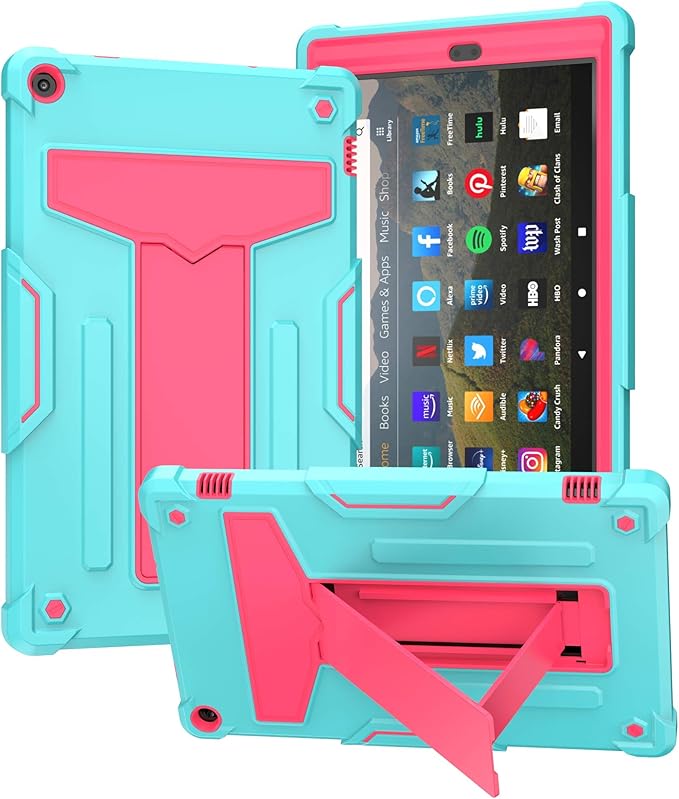 Shockproof Case for Fire HD 10 Tablet (7th/9th Generation 2017/2019 Version) Techcircle Multi-Angle Heavy Duty Bumper Defender Child Proof Rugged Case w/Kickstand Silicone Hybrid Cover Green+Rose