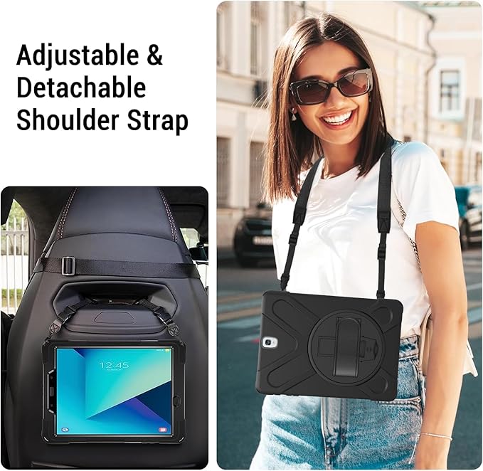 for Samsung Galaxy Tab S3 Case 9.7 inch 2017 SM-T820 T825 T827 Heavy Duty Full Body Shockproof Rugged Drop Protective Cover with 360° Rotating Stand Hand Strap Carrying Shoulder Strap Black