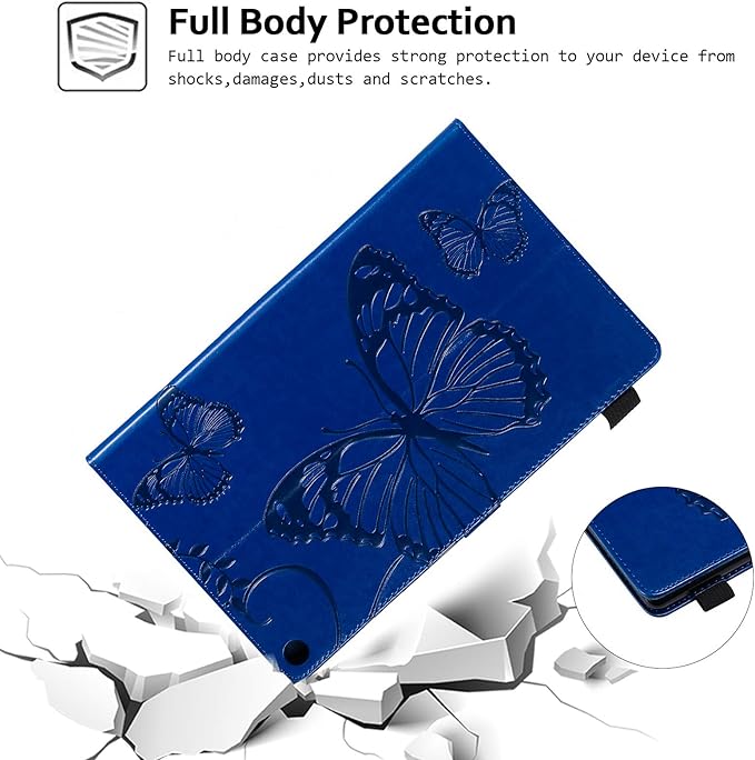 Wallet Case for Fire HD 10 (9th/7th/5th Generation 2019/2017/2015) Techcircle Butterflies Embossed Stand Folding Cover with Card/Cash Holder for Amazon Fire HD 10.1 Tablet Auto Sleep/Wake Navy