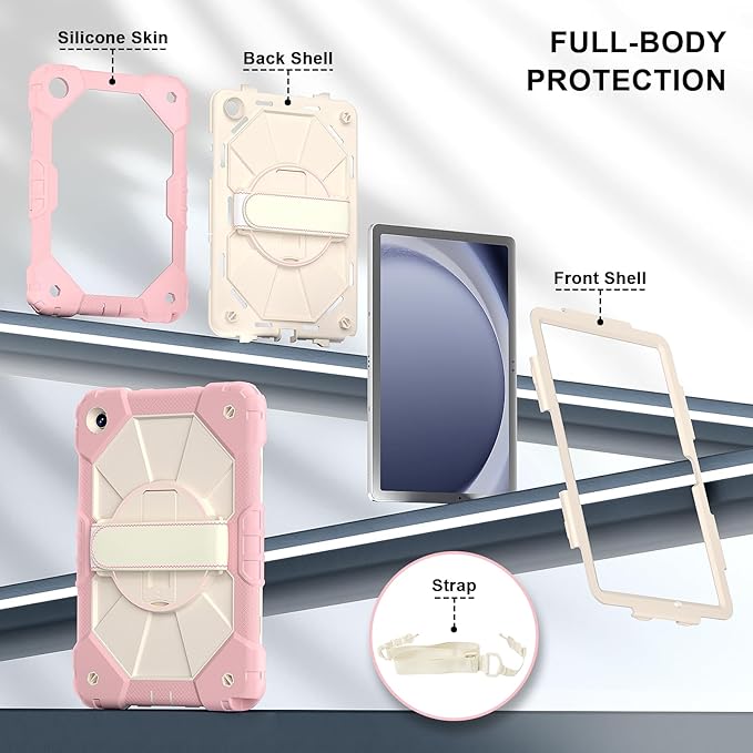 Case for Samsung Galaxy Tab A11+ 11 Inch 2025 (X230/X236B)/A9 Plus(X210/X216/X218) Heavy Duty Shockproof Rugged 360 Rotating Hand Strap Protective Case for Tab A11 Plus Rose Gold+Cream Stone