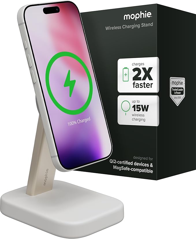Mophie Wireless Charging Stand - Qi2-Certified MagSafe Charger for iPhone – Magnetic Fast Wireless Charger with Adjustable Phone Stand &amp Cable Management – Up to 15W Power