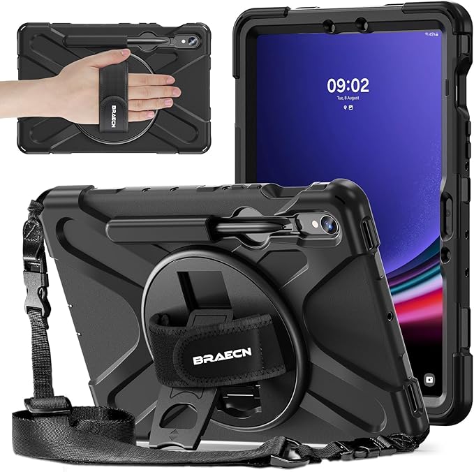 BRAECNstock for Samsung Galaxy Tab S10 Lite/ S10 FE/ S9 FE/ S9/ S8/ S7 5G Case 10.9/11 Shockproof Protective Case with Pencil Holder 360° Rotating Hand Strap &amp Stand Shoulder Strap Black
