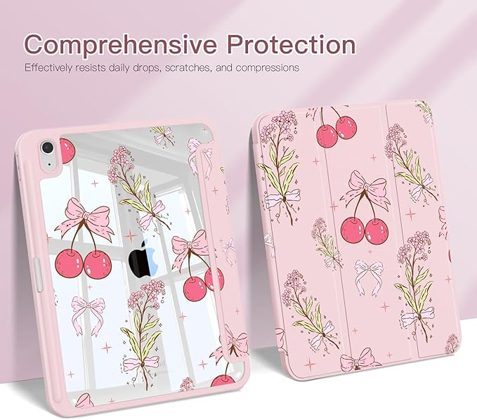 Teryeefi Case for iPad (A16) 11th Generation 11 inch (2025) &amp iPad 10th Generation 10.9 inch (2022) with Pencil Holder-[Auto Wake/Sleep] Premium Stand Case with Clear Back Cover Pink Cherry
