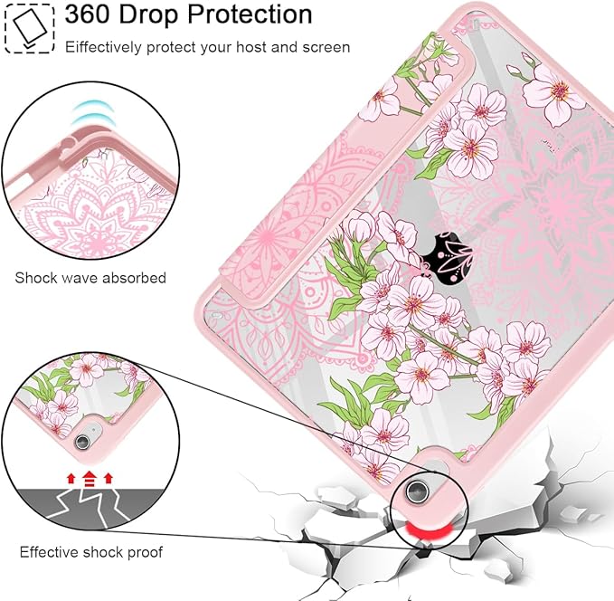 Mektron Case for 2026 iPad Air 13 inch M4 Cover Compatible 2025 iPad Air 13 inch M3 2024 iPad Air 13 inch M2 with Pencil Holder Shockproof Clear Shell Blossom Sakura-Pink