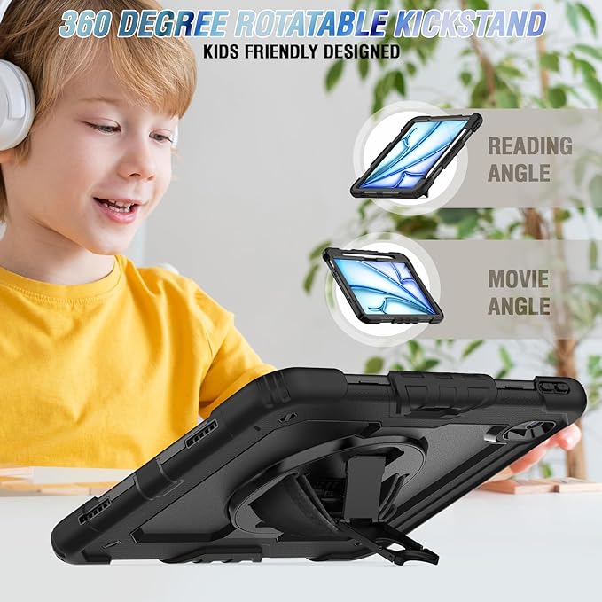 Herize Case Compatible with iPad Air 11 Inch 2025/2024 with Screen Protector Pen Holder | Case for iPad Air 7th/6th Generation 11 Inch | Silicone Rugged Protection Cover W/Stand Hand Shoulder Strap