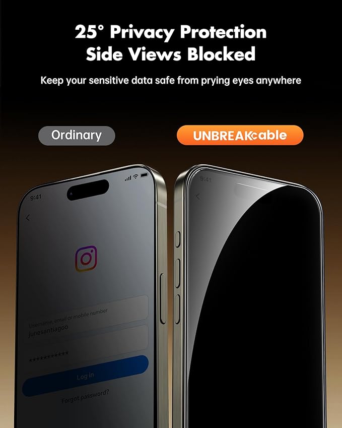 UNBREAKcable Privacy Screen Protector for iPhone 15 Pro (6.1) 25° Anti-Spy Tempered Glass Easy Install Alignment Frame Case-Friendly 9H Hardness Anti-Fingerprint 3-Pack