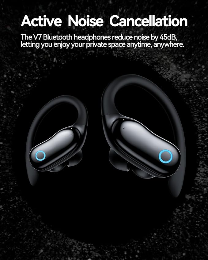 GNMN Active Noise Cancelling Ear Buds Wireless Earbuds 96hrs Playback Bluetooth Headphones Dual Battery Display Stereo Bass Earphones with Earhooks Microphone IPX7 Waterproof for Sports/Workout