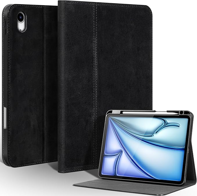 Gexmil Leather Case for iPad Air 11 Inch M4/M3/M2 (2026/2025/2024)iPad Air 10.9 Inch 5th/4th Generation 2022/2020 Top Grain Leather Cover Auto Sleep/Wake Adjustable StandSanded Black