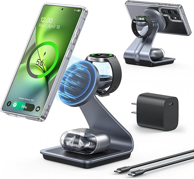 Magnetic Wireless Charger for Samsung 3 in 1 MagSafe Charging Station Aluminum Charger Stand for Galaxy S26/S25/S24/Ultra/Plus/Z Fold7/Flip7 Watch Charger Stand for Galaxy Watch Ultra 8 7 for Buds